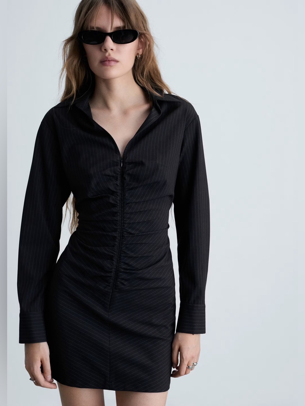 Mango Black Pinstripe Ruched Shirt Mini Dress NWT